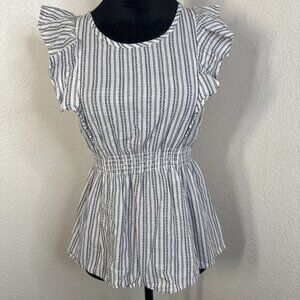 Guess XS White & Black Striped Ruffled Sleeve Peplum‎ Top